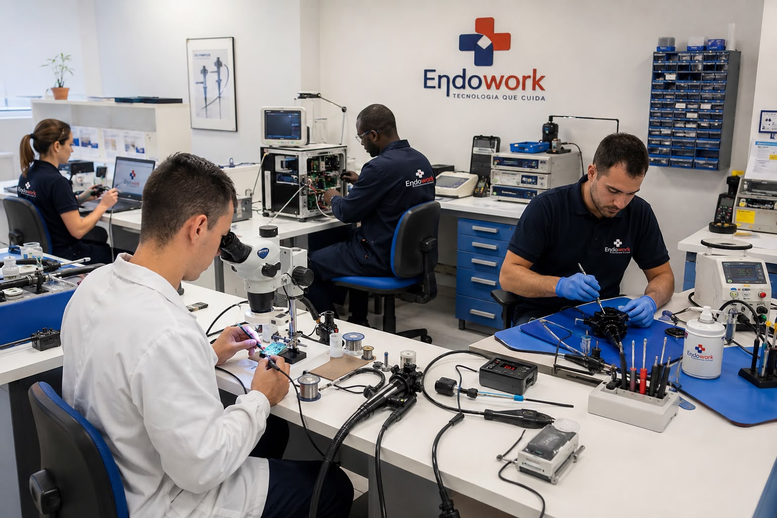 Equipa técnica da Endowork a trabalhar numa bancada de reparação